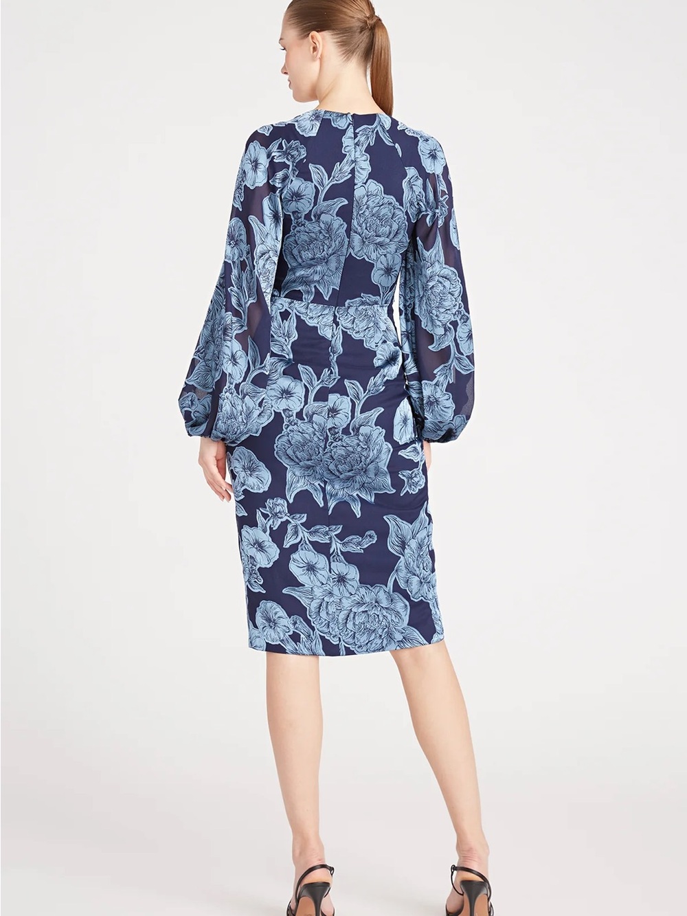 Theia Joslyn Bishop Sleeve Blue Floral Midi Dress NWOT - Picture 2 of 16
